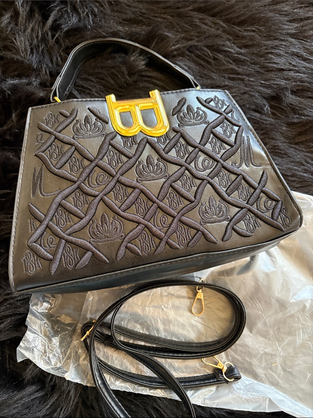Black Embossed Shoulder Bag with Gold Hardware - Picture 3 of 8
